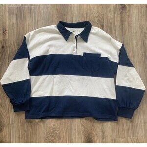 Madewell Womens S Rugby Polo Shirt Navy Cream Stripe Long Sleeve Cotton Oversize
